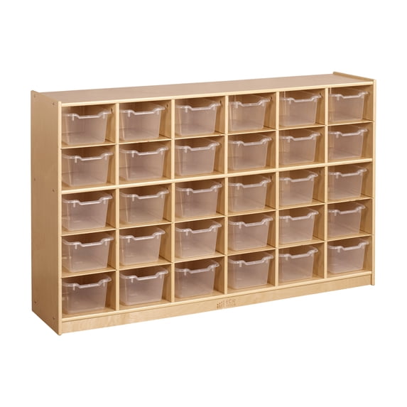 ECR4Kids 30 Cubby Mobile Tray Cabinet and 30 Scoop Front Bins, 5x6, Classroom Furniture, Natural