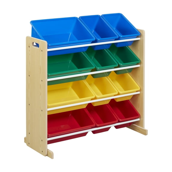 ECR4Kids 4-Tier Organizer with 12 Removable Plastic Bins, 4x3, Toy Storage, Natural/Primary