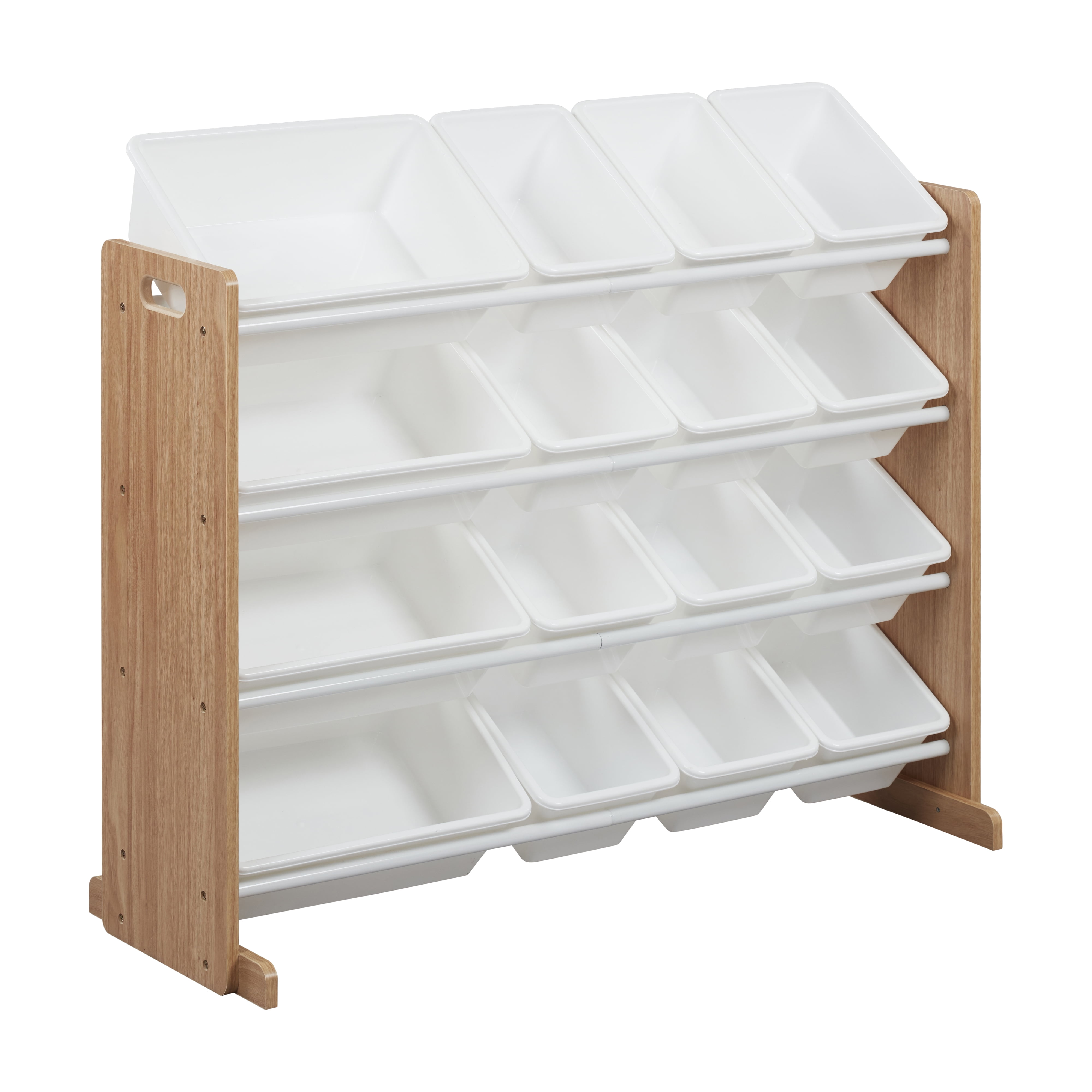 ECR4Kids 4-Tier Organizer with 16 Removable Plastic Bins, 4x4, Toy Storage, Dark Natural/White