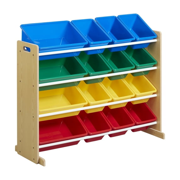 ECR4Kids 4-Tier Organizer with 16 Removable Plastic Bins, 4x4, Toy Storage, Natural/Primary
