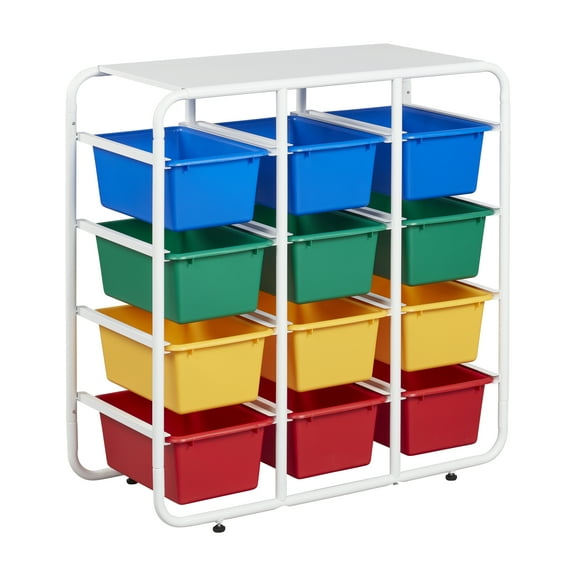 ECR4Kids 4-Tier Storage Rack with 12 Cubby Bins, 4x3, Multipurpose Organization, Primary