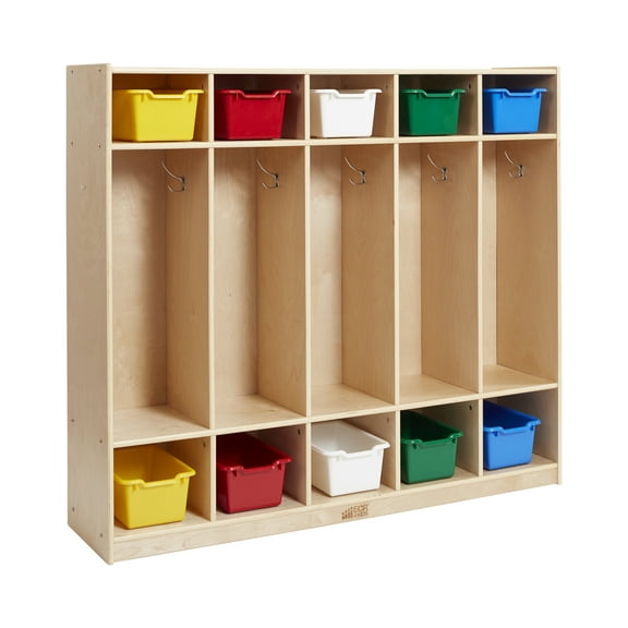 ECR4Kids 5-Section Coat Locker and 10 Scoop Front Storage Bins, Classroom Furniture, Natural