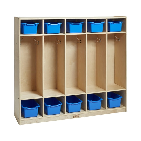 ECR4Kids 5-Section Coat Locker and Scoop Front Storage Bins, Natural, Blue