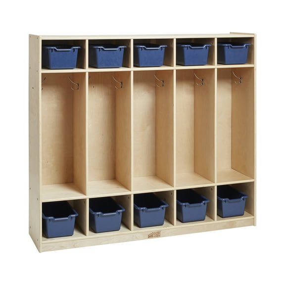 ECR4Kids 5-Section Coat Locker and Scoop Front Storage Bins, Natural, Navy, 1