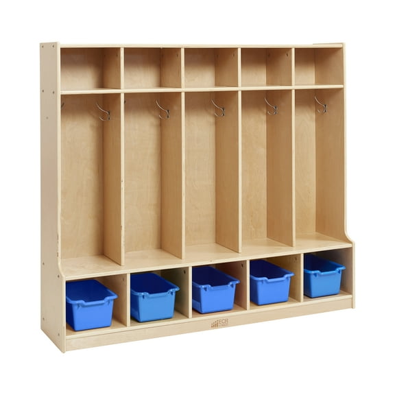 ECR4Kids 5-Section Coat Locker with Bench and 5 Scoop Front Storage Bins, Kids Furniture, Natural