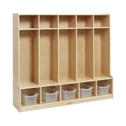 ECR4Kids 5-Section Coat Locker with Bench and 5 Scoop Front Storage Bins, Kids Furniture, Natural