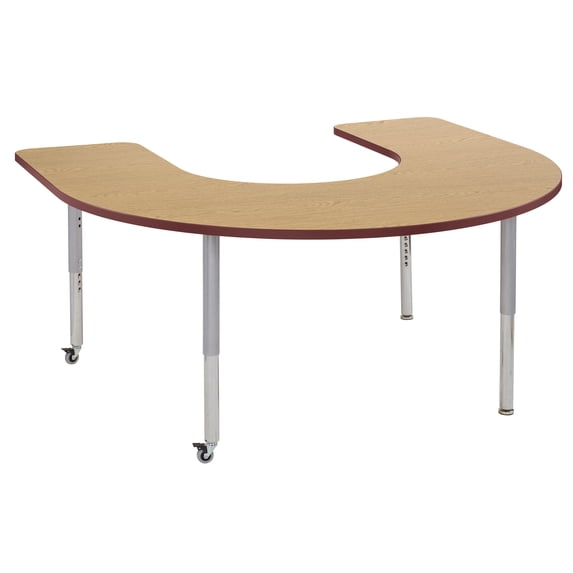 ECR4Kids 60in x 66in Horseshoe Contour Thermo-Fused Adjustable Activity Table Oak/Burgundy/Silver - Super Leg