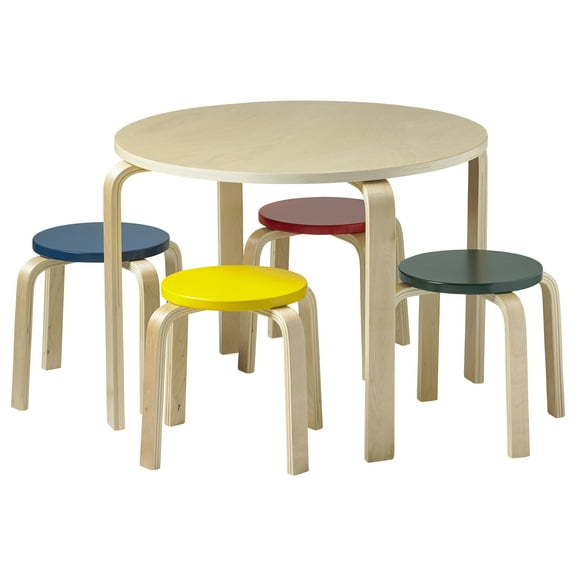 ECR4Kids Round Bentwood Table and Stool Set, Childrens Furniture, Assorted, 5-Piece