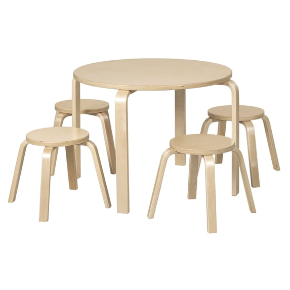 ECR4Kids Round Bentwood Table and Stool Set, Childrens Furniture, Natural, 5-Piece