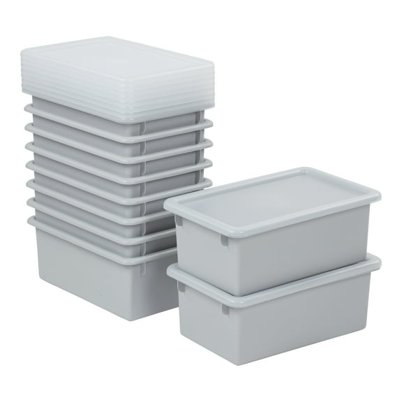 ECR4Kids Cubby Storage Plastic Bin with Lids, Multipurpose Organization, Light Grey, 10-Piece