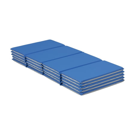 ECR4Kids Everyday Folding Rest Time Mat, 4-Section, 1in, Sleeping Pad, Blue/Grey, 5-Pack