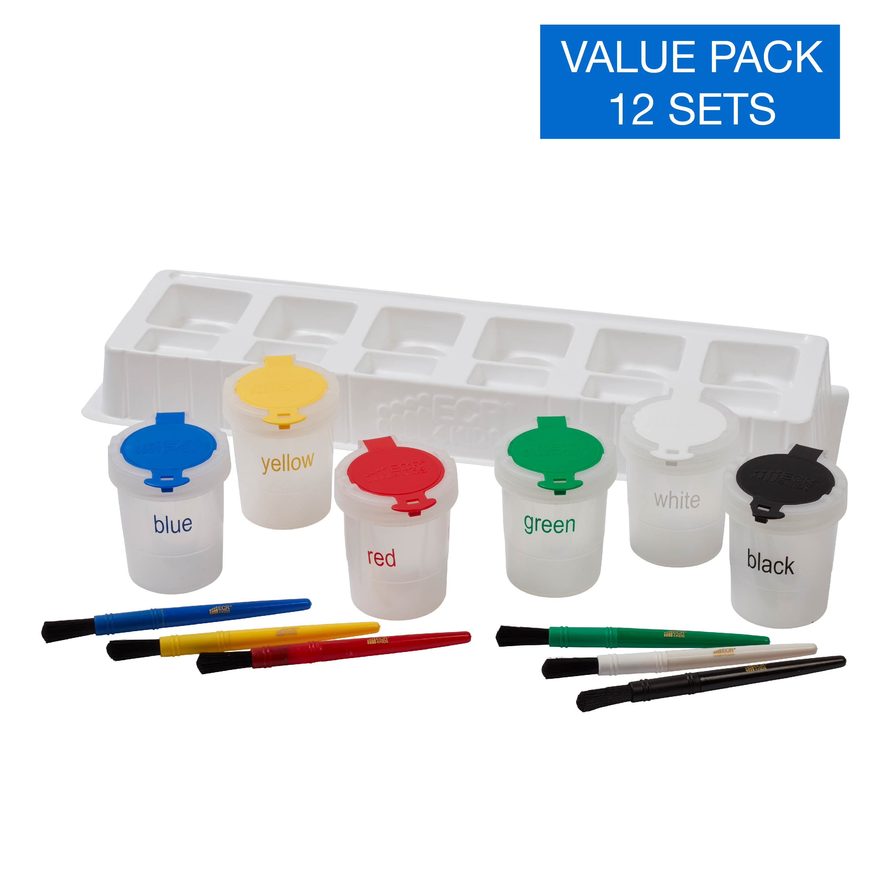 ECR4Kids Large Trilingual Paint Cups and Brushes, Art Set, Assorted, 12 Sets