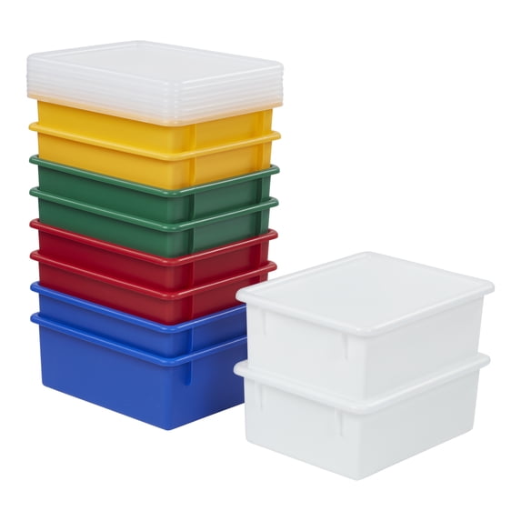 ECR4Kids Letter Size Plastic Tray Organizer with Lids, Large, Storage Bins, Assorted, 10-Piece