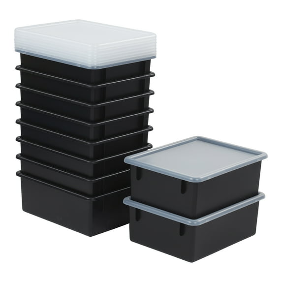 ECR4Kids Letter Size Plastic Tray Organizer with Lids, Large, Storage Bins, Black, 10-Piece