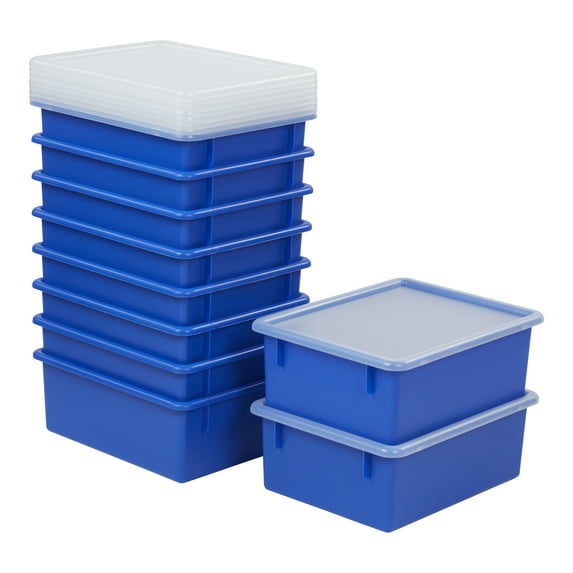 ECR4Kids Letter Size Plastic Tray Organizer with Lids, Large, Storage Bins, Blue, 10-Piece