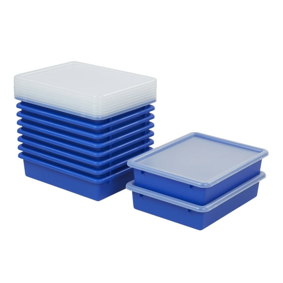 ECR4Kids Letter Size Plastic Tray Orgainzer with Lids, Small, Storage Bins, Blue, 10-Piece