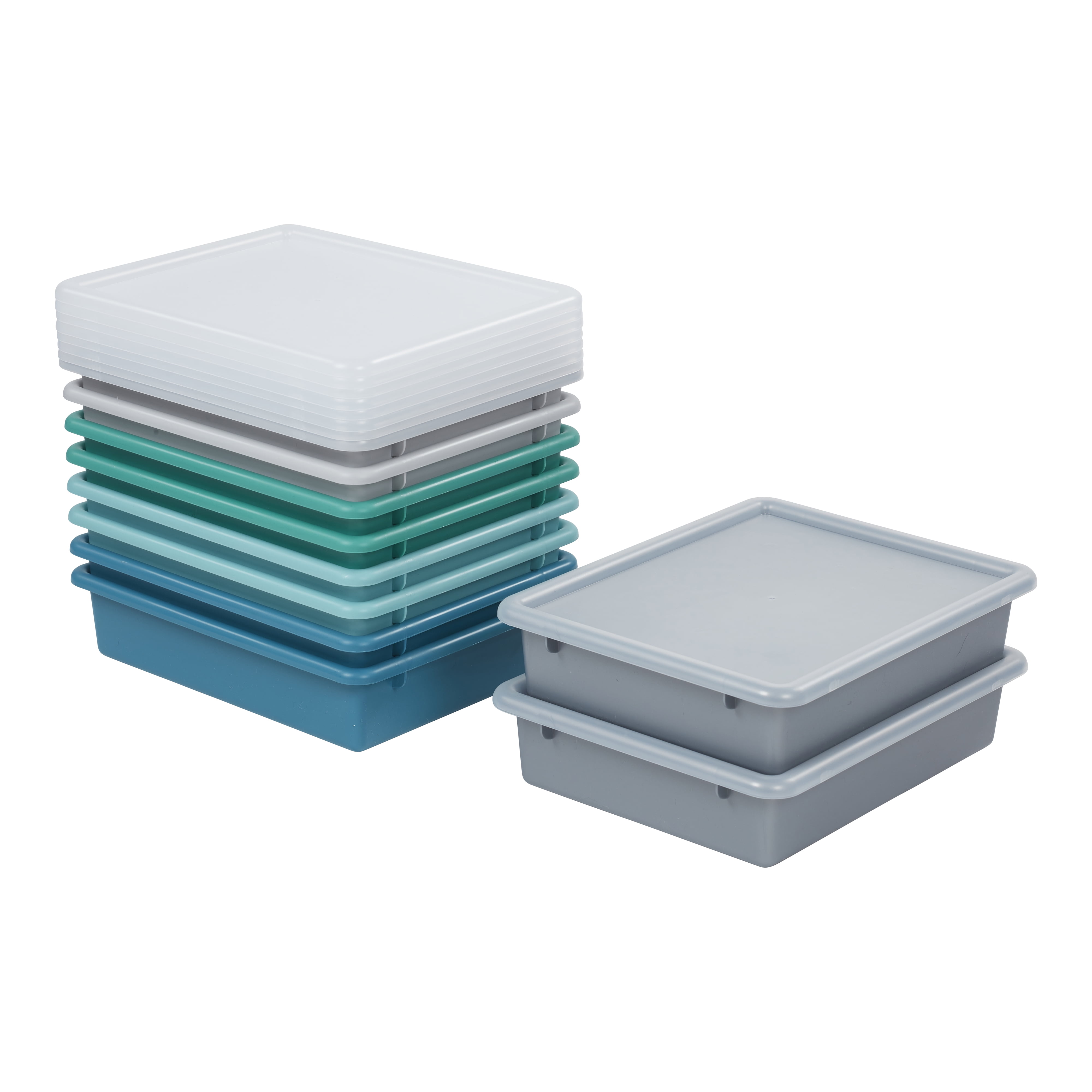 Stackable Green, Blue, and Gray Plastic Lidded Storage Bins for Kids