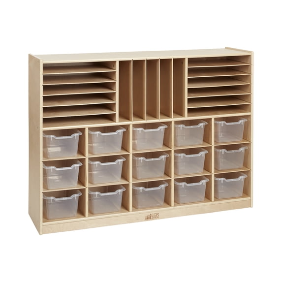 ECR4Kids Multi-Section Mobile Tray Cabinet and 15 Scoop Front Bins, Classroom Furniture, Natural