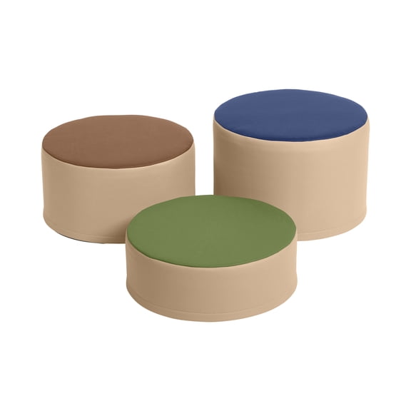 ECR4Kids SoftZone Colorful Round Ottoman Seating Set, Classroom Furniture, Earthtone, 3-Piece