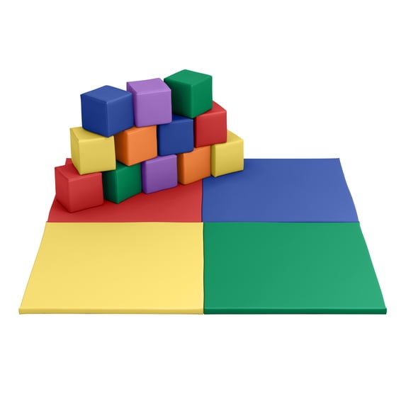 ECR4Kids SoftZone Quad Fold-N-Go Mat and Patchwork Toddler Blocks, Soft Play, Assorted, 13-Piece