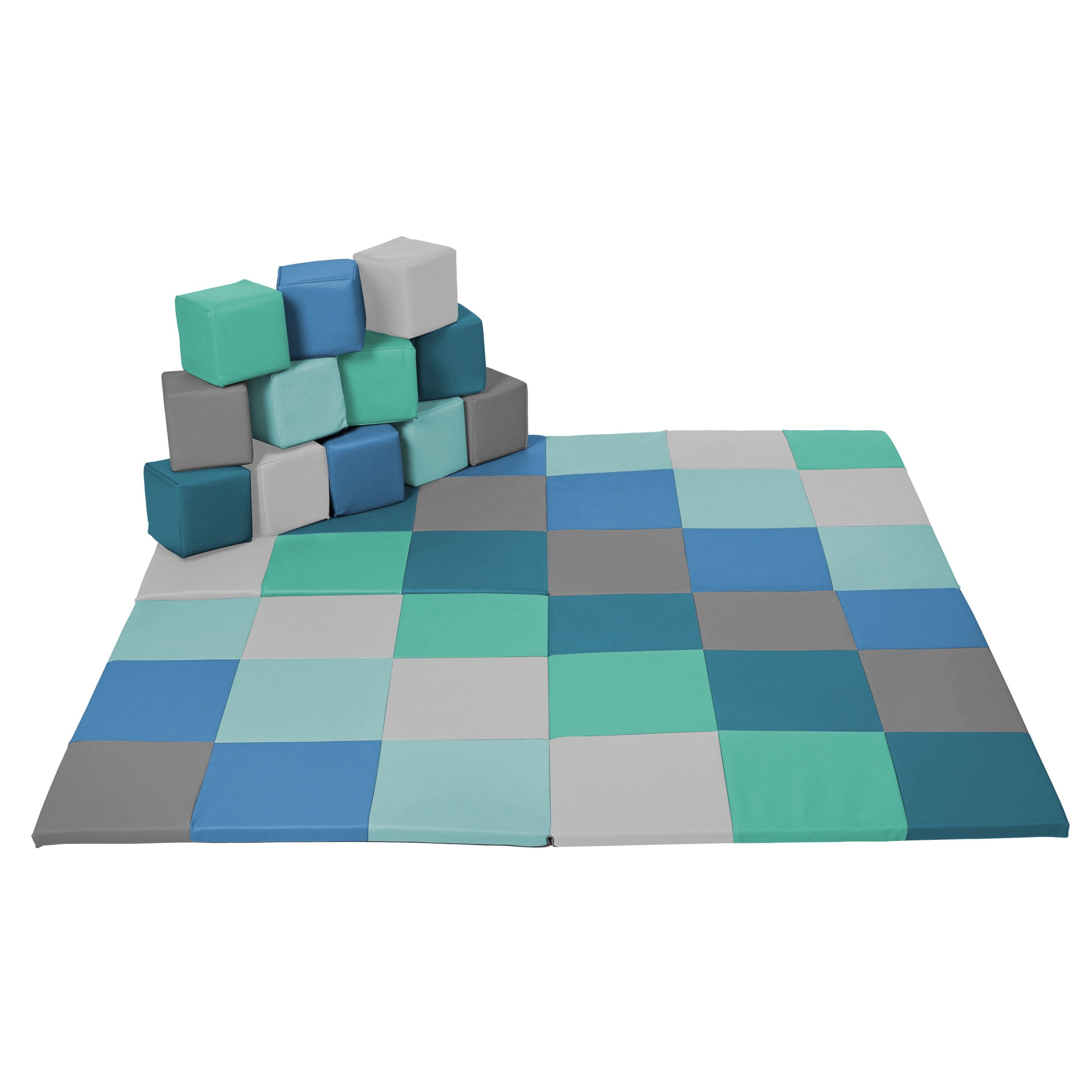 ECR4Kids SoftZone Patchwork Toddler Activity Mat and 12 Stacking Block Set - Contemporary