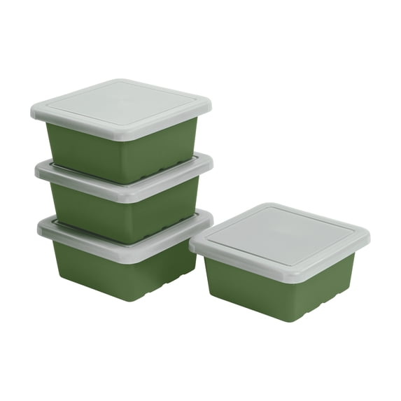 ECR4Kids Stackable Square Bins with Non-Snap Lids, Multipurpose Organization, Hunter Green, 4-Pack
