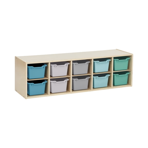 ECR4Kids Streamline 10 Cubby Tray Cabinet and 10 Scoop Front Bins, 2x5, Kids Furniture, Natural