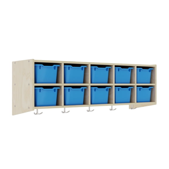 ECR4Kids Streamline 10-Section Hanging Cubby Coat Locker and 10 Scoop Front Storage Bins, Natural