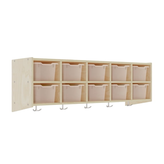 ECR4Kids Streamline 10-Section Hanging Cubby Coat Locker and 10 Scoop Front Storage Bins, Natural
