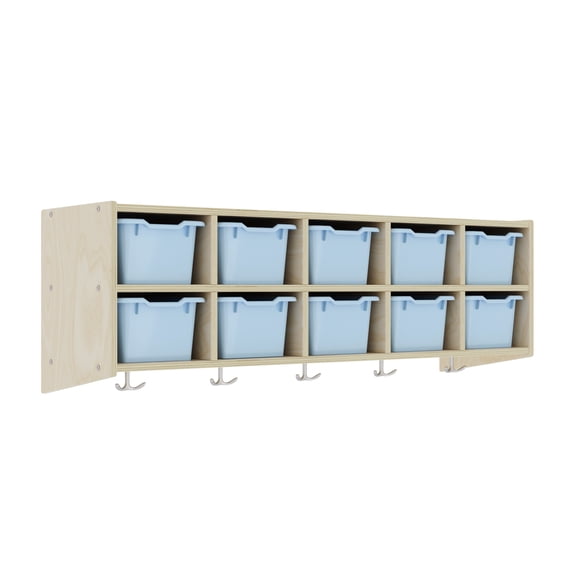 ECR4Kids Streamline 10-Section Hanging Cubby Coat Locker and 10 Scoop Front Storage Bins, Natural