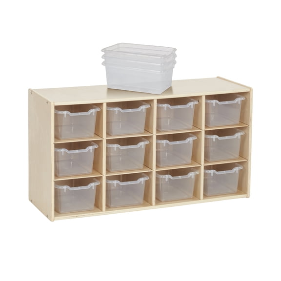 ECR4Kids Streamline 12 Cubby Tray Cabinet and 15 Scoop Front Bins, 3x4, Kids Furniture, Natural