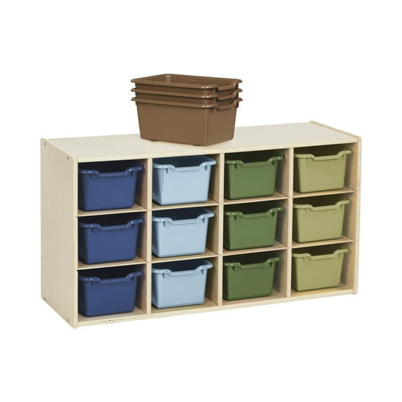 ECR4Kids Streamline 12 Cubby Tray Cabinet and 15 Scoop Front Bins, 3x4, Kids Furniture, Natural