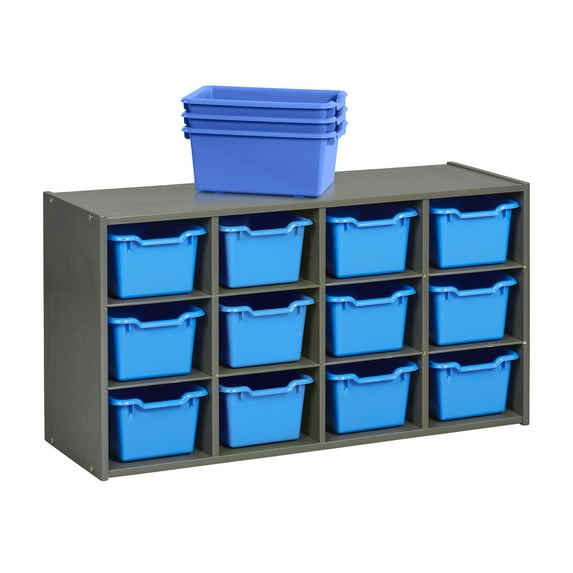 ECR4Kids Streamline 12 Cubby Tray Cabinet and 15 Scoop Front Bins, 3x4, Kids Furniture, Grey Wash