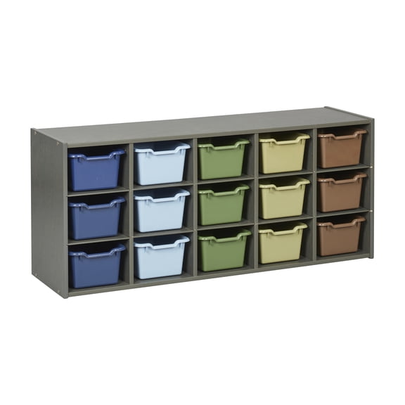 ECR4Kids Streamline 15 Cubby Tray Cabinet and 15 Scoop Front Bins, 3x5, Kids Furniture, Grey Wash