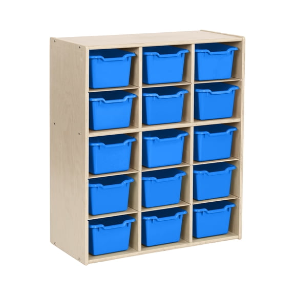 ECR4Kids Streamline 15 Cubby Tray Cabinet and 15 Scoop Front Bins, 5x3, Kids Furniture, Natural