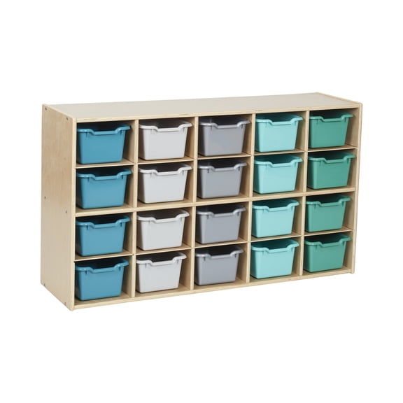 ECR4Kids Streamline 20 Cubby Tray Cabinet and 20 Scoop Front Bins, 4x5, Kids Furniture, Natural
