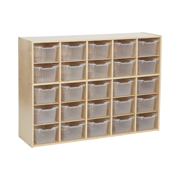 ECR4Kids Streamline 25 Cubby Tray Cabinet and 25 Scoop Front Bins, 5x5, Kids Furniture, Natural