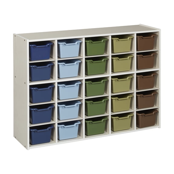 ECR4Kids Streamline 25 Cubby Tray Cabinet and 25 Scoop Front Bins, 5x5, Kids Furniture, White Wash