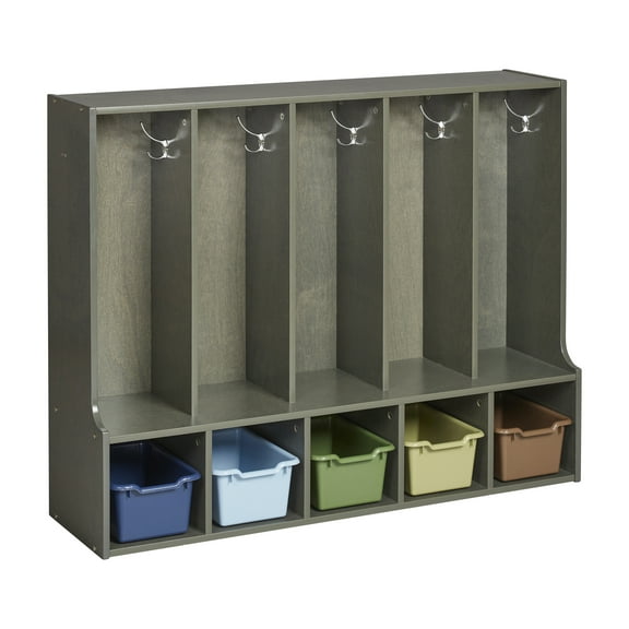 ECR4Kids Streamline 5-Section Toddler Coat Locker with Bench and 5 Scoop Front Bins, Grey Wash
