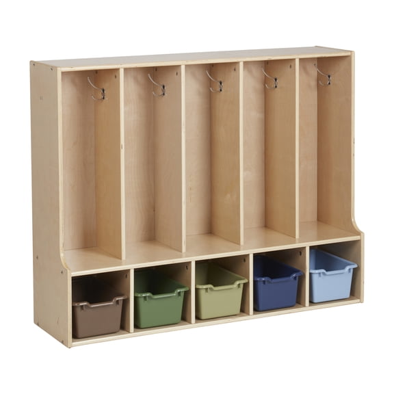 ECR4Kids Streamline 5-Section Toddler Coat Locker with Bench and 5 Scoop Front Storage Bins, Natural