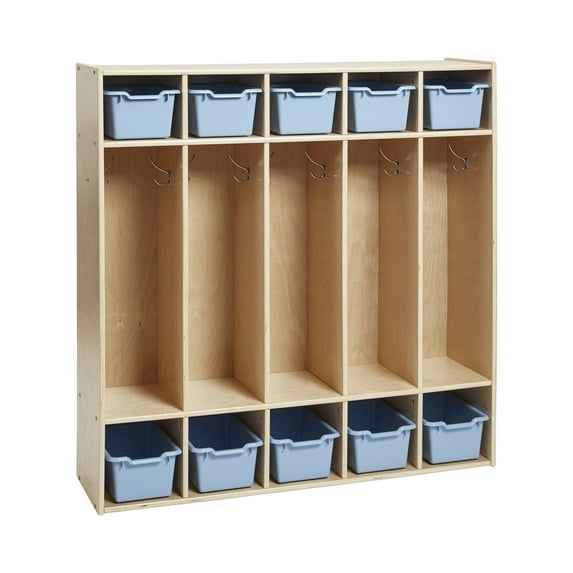 ECR4Kids Streamline 5-Section Coat Locker with Scoop Front Storage Bins, Natural, Powder Blue