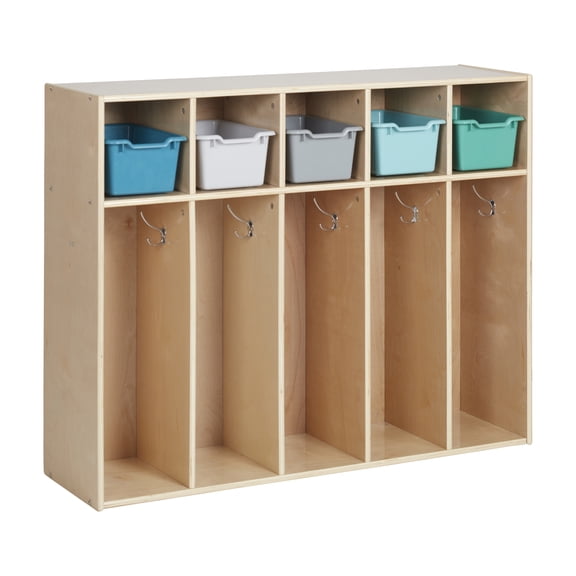 ECR4Kids Streamline 5-Section Toddler Coat Locker and 5 Scoop Front Bins, Cubby Storage, Natural
