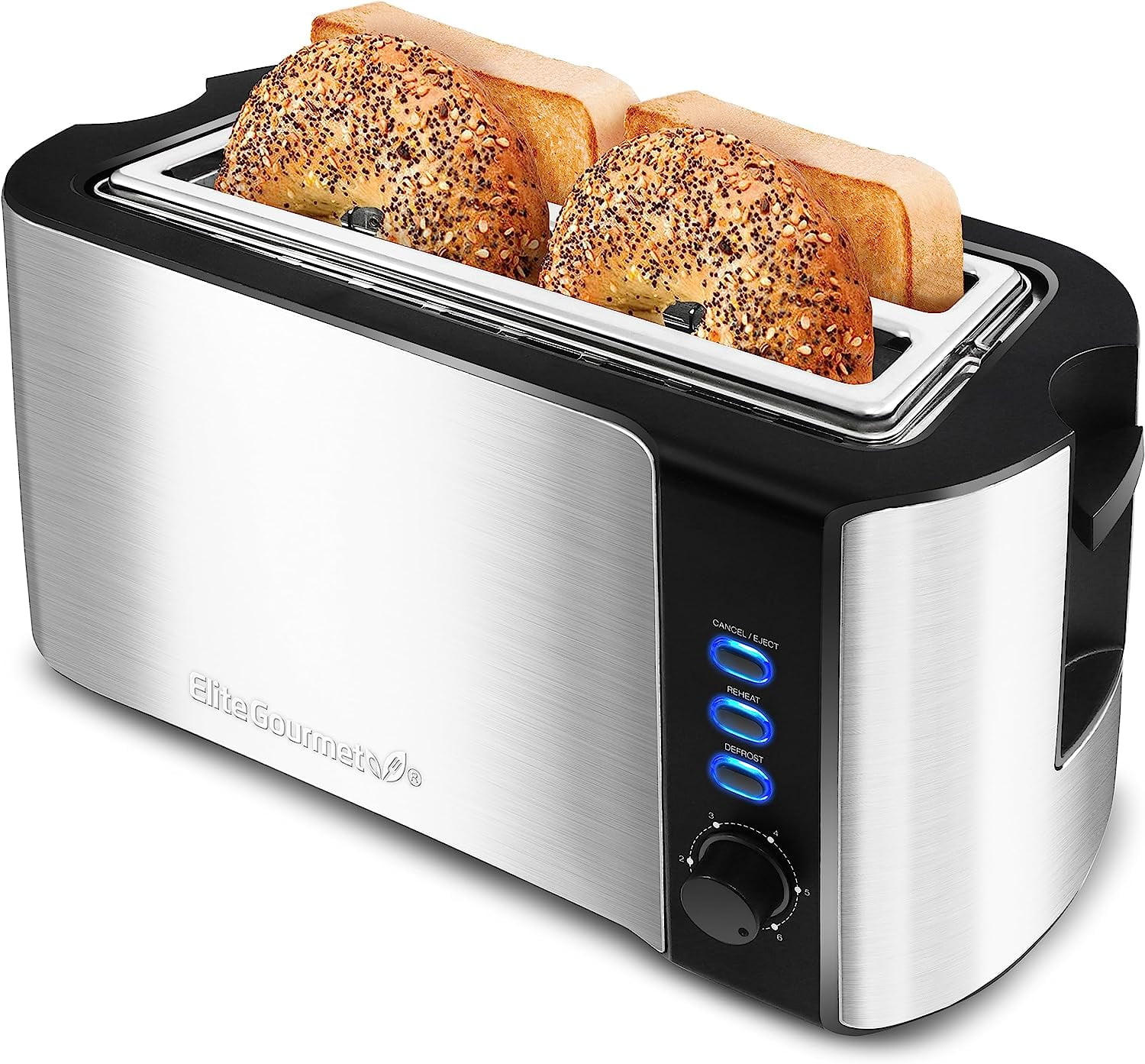 ECT-3100 Long Slot 4 Slice Toaster, Reheat, 6 Toast Settings, Defrost, Cancel Functions, Built-in Warming Rack, Extra Wide Slots for Bals & Waffles, Stainless Steel Black