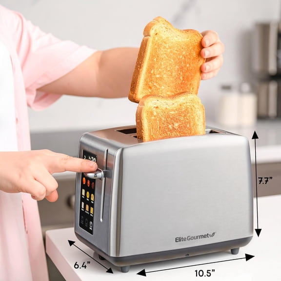 ECT2899 LCD Touch Toaster, 2 Extra-Wide Slots, 6 Toast Shades, 6 Preset Menus Including Bagel Waffle Gluten-Free, Defrost Reheat Cancel Functions, Stainless Steel