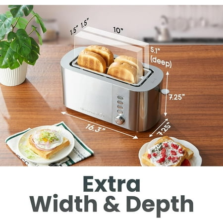 ECT4123 Long Slot 4 Slice Toaster, Extra Wide 1.5" and 5.1" Deep Slots, Bagel, Defrost & Cancel Functions, 6 Toast Shade Settings, Fits Bagels, Waffles, Artisan Breads, Stainless Steel