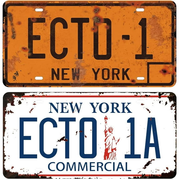 ECTO-1 + ECTO-1A, Stamped License Plates Memorabilia, Embossed Replica, Movie Prop Metal Stamped Vanity Number Tags, 12x6 Inch