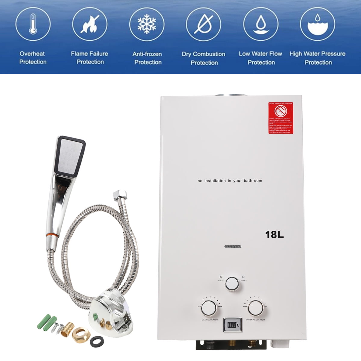 Water Heater Gas 6-18L Propane Tankless Instant Boiler Shower Kit