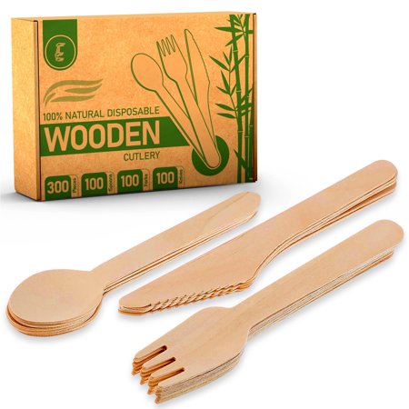 ECW2-Business Disposable Wooden Cutlery Set with Forks, Knives, and Spoons 31.68 oz,300 Pcs