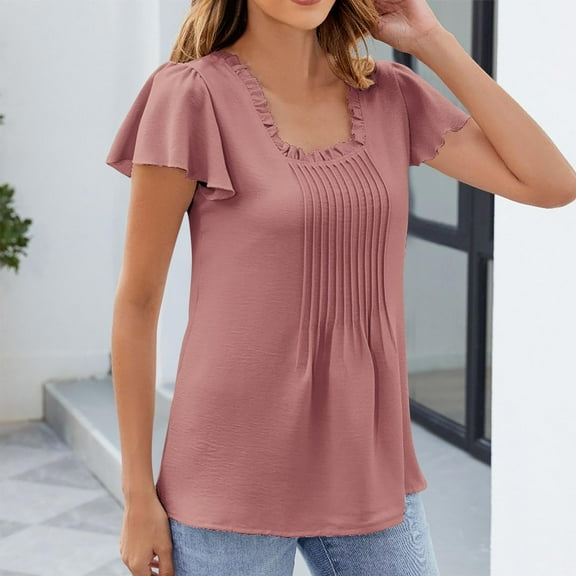 ECZHAW 2025 Ruffle Sleeve Shirts Womens Pleated Business Casual Blouses Short Sleeve Solid Color Summer Vacation Tops