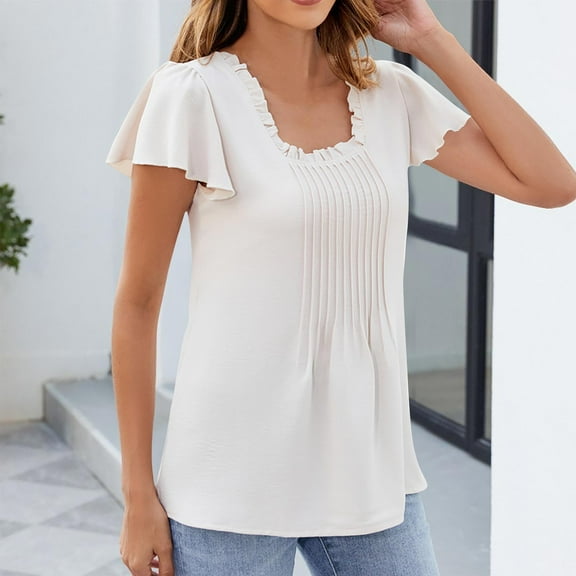 ECZHAW 2025 Ruffle Sleeve Shirts Womens Pleated Business Casual Blouses Short Sleeve Solid Color Summer Vacation Tops